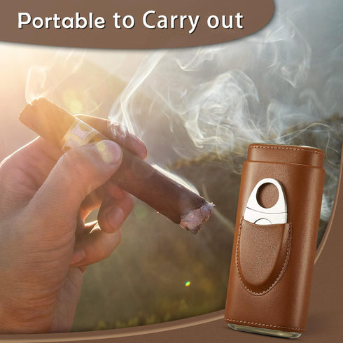 Cigar Case Travel - Cigar Humidor Accessories with Cutter SEEJI Gift for Men (Brown)