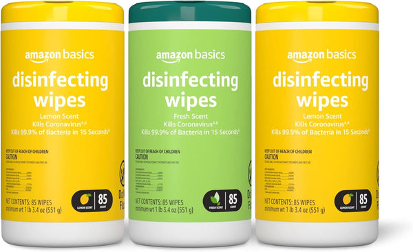 Amazon Basics Disinfecting Wipes, 255 Count (3 Packs of 85), Lemon & Fresh Scent, Cleans, Disinfects & Deodorizes