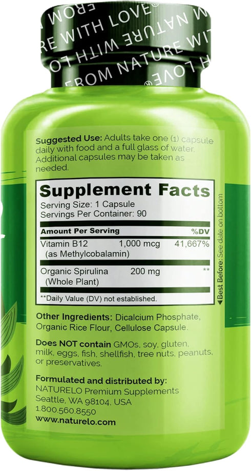 NATURELO Vegan B12 - High Potency Methyl B12 1000 mcg with Organic Spirulina - Supports Mood, Energy, Heart & Eye