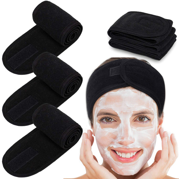 Whaline Terry Cloth Spa Facial Headband Wrap, 4 Counts Stretch Towel for Bath, Makeup, and Sport (Black)
