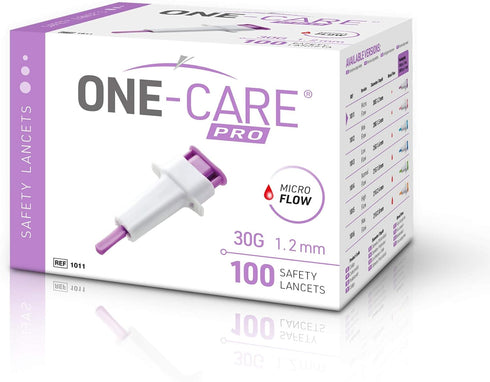 ONE-CARE PRO Safety Lancets, 30G x 1.2mm, 100/bx, Gentle & Comfortable Sampling, Top Push Button Activated