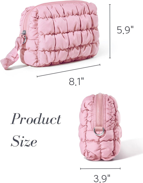 Quilted Makeup Bag Cosmetic Bag, Travel Toiletry Bag for Women, Cute Makeup Bag Organizer Baby Pink Makeup Pouch (M, Pink)