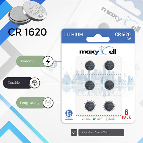 MaxyCell CR1620 3V DL1620 ECR1620 (6 Pack) Lithium Coin Cell Battery High-Capacity Long-Lasting Reliable Power