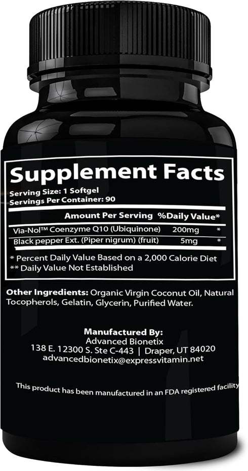 Advanced Absorption 200mg CoQ10 with Black Pepper Extract | 90 Softgels for Heart & Brain Health