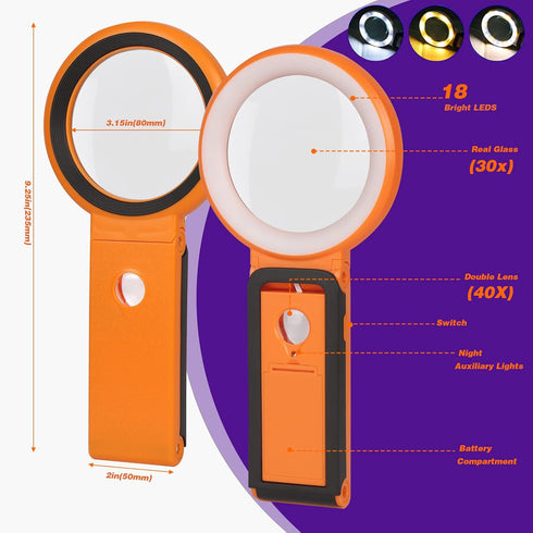 30X 40X Magnifying Glass with Light and Stand, Foldable Handheld Illuminated Magnifier for Reading and Close Work