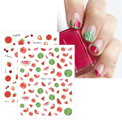 JMEOWIO 12 Sheets Fruit Nail Art Stickers Decals Self-Adhesive Strawberry Watermelon Lemon Nail Supplies