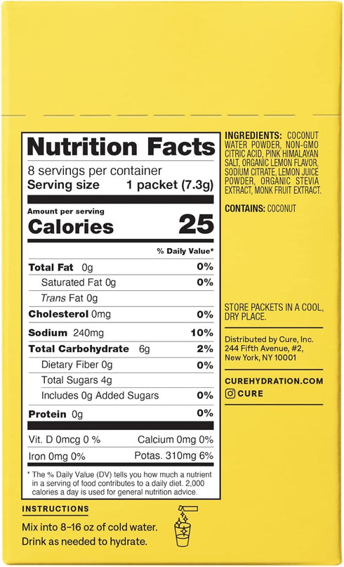 Cure Hydration Plant-Based Electrolyte Drink Mix, No Added Sugar, Coconut Water Powder, Vegan, Box of 8 Packets -