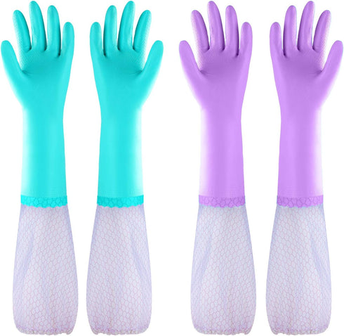 Reusable Long Sleeve Dishwashing Gloves, Latex Free with Cotton Lining, Kitchen Gloves 2 Pairs, Purple+Blue