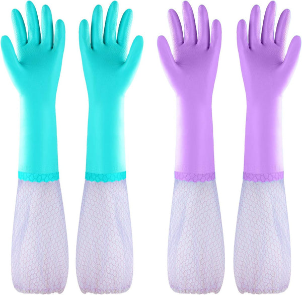 Reusable Long Sleeve Dishwashing Gloves, Latex Free with Cotton Lining, Kitchen Gloves 2 Pairs, Purple+Blue