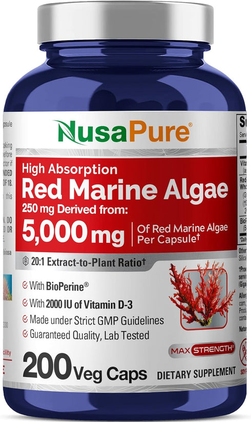 NusaPure Red Marine Algae 20:1 Extract - 250 mg Equivalent to 5,000 mg, 200 Veggie Capsules
