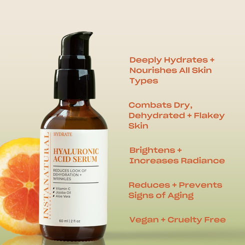 InstaNatural Hyaluronic Acid Serum 2 Fl Oz for Face, Hydrates, Brightens, Reduces Fine Lines with Vitamin C