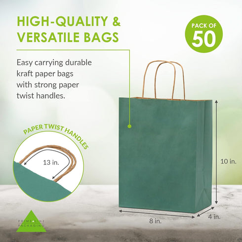 Packaging 8x4x10, 50 Pack Prime Line Green Gift Bags Small, Kraft Paper Bags with Handles for Small Business
