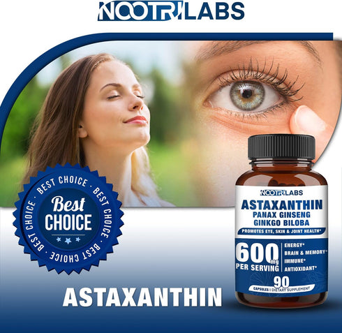 Astaxanthin 15mg + Panax Ginseng, Ginkgo Biloba Supplements, 90 Vegan Capsules for Eye, Skin, Joint Health