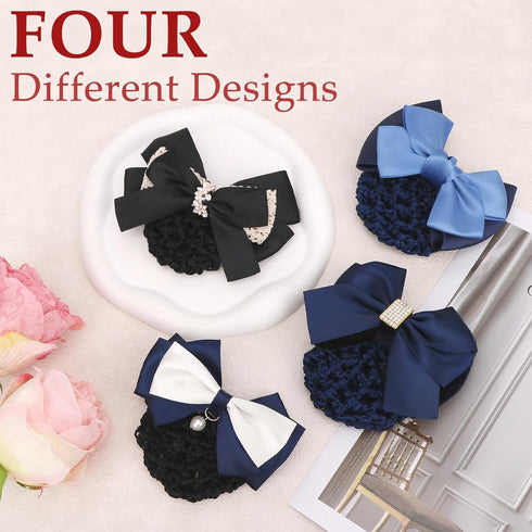 kilofly 4pc Women's Two-Way Snood Net Bow Barrette Hair Clip Bun Cover Set