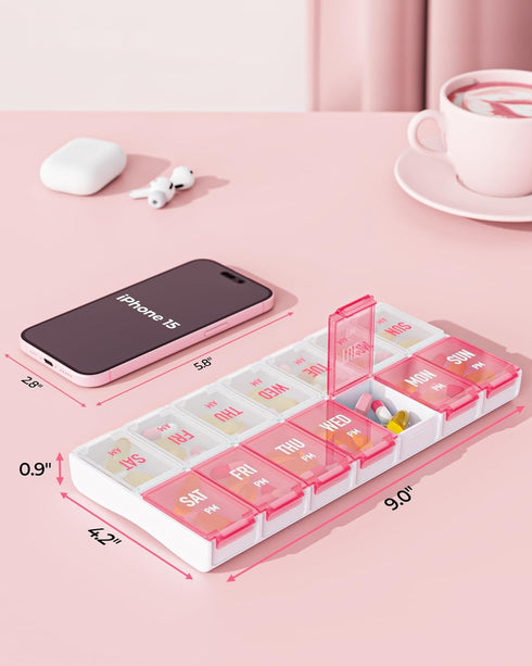 Stylish Weekly Pill Organizer 7 Day AM PM, Large Compartments, Easy to Use, BPA-Free Pill Case for Vitamins, Supplements