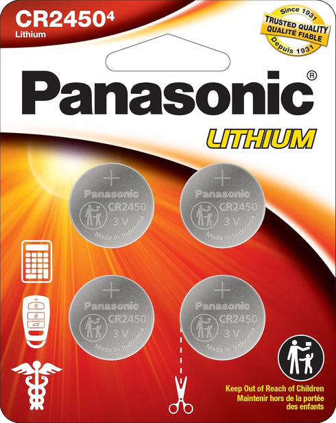 Panasonic CR2450 3.0 Volt Long Lasting Lithium Coin Cell Batteries, 4-Battery Pack, Child Resistant Packaging