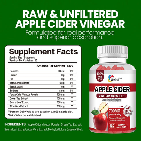 Webuff 700mg 120 Count Immune (Pack 1) Apple Cider Vinegar Capsules | Extra Strength ACV with The Mother | Supports