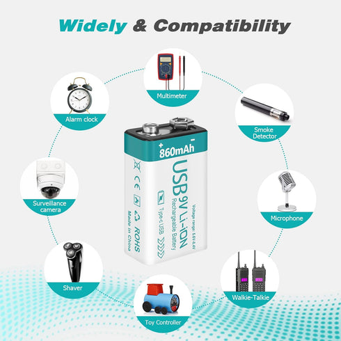 Rechargeable 9V Lithium USB Battery 860mAh (4 Pack) with 4 in 1 Charge Cable