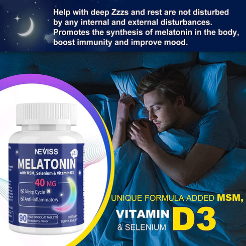 Melatonin 40 mg for Adults - Fast Dissolve & Chewable Sublingual Sleep Supplement with Vitamin D3 & MSM, 180 Servings
