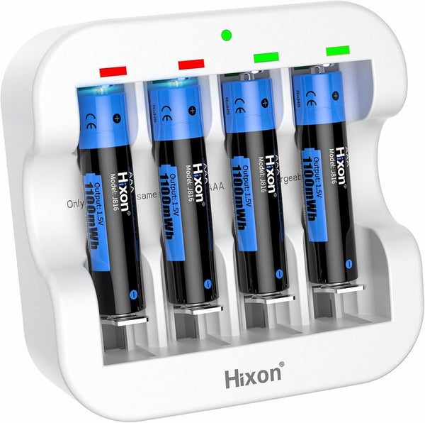 Hixon 1.5V AAA Rechargeable Lithium Batteries, 4-Pack 1100mWh Pre-Charged Li-ion Battery & 1H Ultra Fast Charger