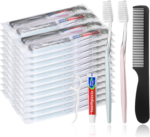 50pcs Disposable Toothbrushes with Toothpaste and Comb Floss - 4-in-1 Bulk Kit for Homeless & Hotel Use