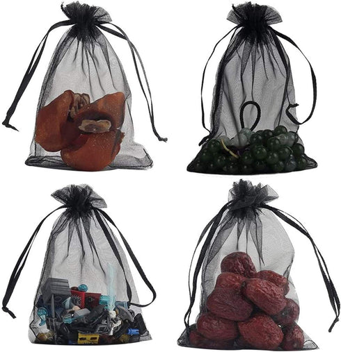 50 Pcs 5x7 Gifts Wrap Bags, Black Organza Sheer Fabric Drawstring Mesh Bags for Baby Shower, Anniversary