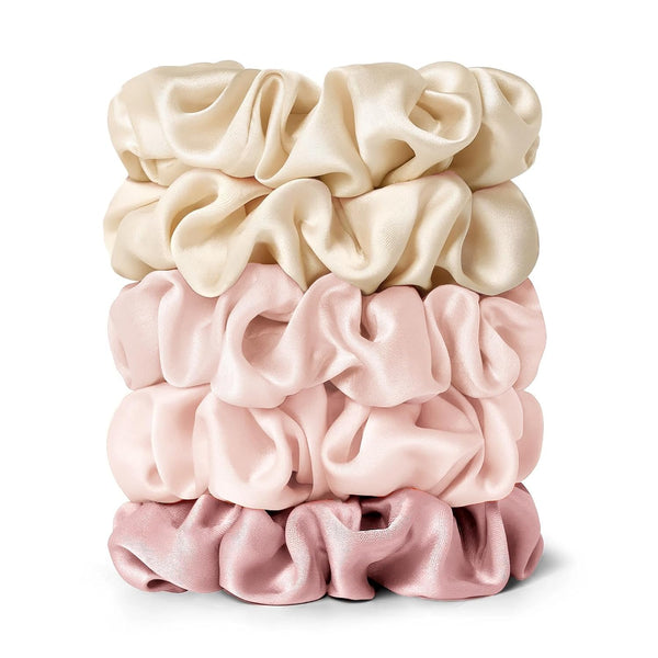 LILYSILK 100% Mulberry Silk Hair Scrunchies Ties, 5PC (gravel gold x 2, camel x 2, rosy pink)