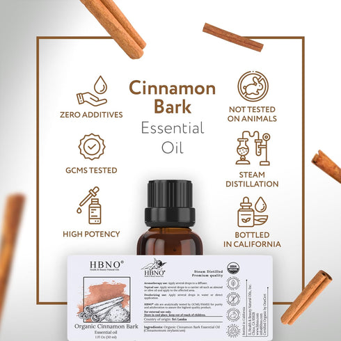 HBNO Organic Cinnamon Bark Essential Oil, 1 Oz (30 ml)
