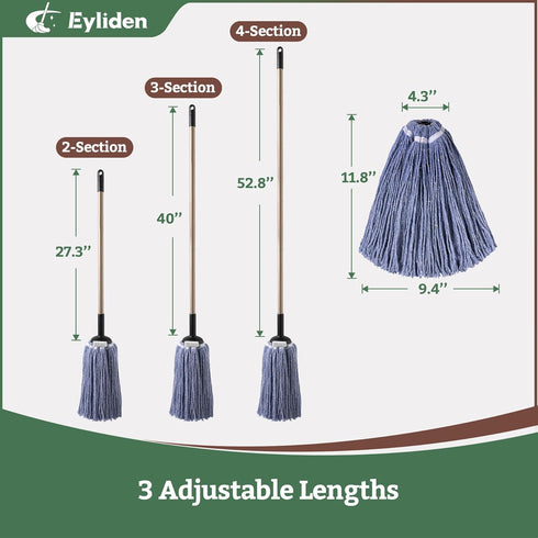 Eyliden String Mop with 2 Reusable Heads, Non-Touch Replacement Mops for Floor Cleaning