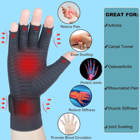 Copper Arthritis Gloves with Adjustable Wrist Strap for Women Men, Fingerless Compression Gloves for Arthritis, Carpal Tunnel, Pain Relief, Swelling, Rheumatoid, Typing (Large/X-Large)