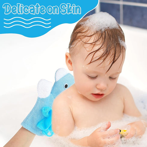 2 Pcs Bath Mitt Washcloths Gloves, Cute Cartoon Exfoliating Glove Body Scrubber, Gentle Soft Scrub Bath Loofahs Sponges for Kids Shower Washing (Blue Bear and Green Frog)