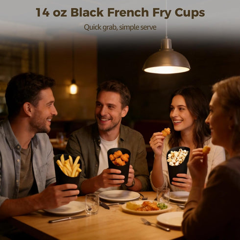 NIMBLOOM 150 14 oz 4.9 Pcs Black French Fry Cups, Disposable Snack Cups with PE Coated Paper, in Tall Charcuterie Cups