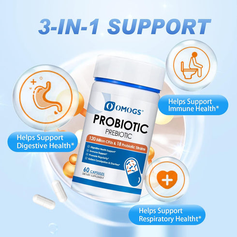 Probiotics 120 Billion CFUs 18 Strains,3Prebiotics,Probiotics Capsule Suppment Helps Support Digestive & Gut Health, Immune Strength & Absorb Nutrition, 60 Capsules (60 Day Supply)