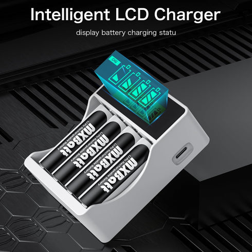 MXBatt 1.5V 3500mWh 4 Packs 1500 Rechargeable AA Batteries with Charger, High Capacity, Lithium Batteries Cycles