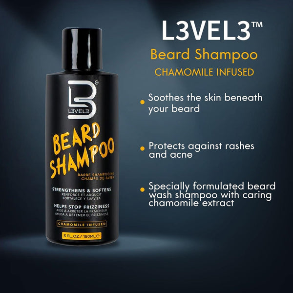 L3 Level 3 Beard Shampoo, Cleanse and Nourish Facial Hair, Softens and Tames Frizzy Beards