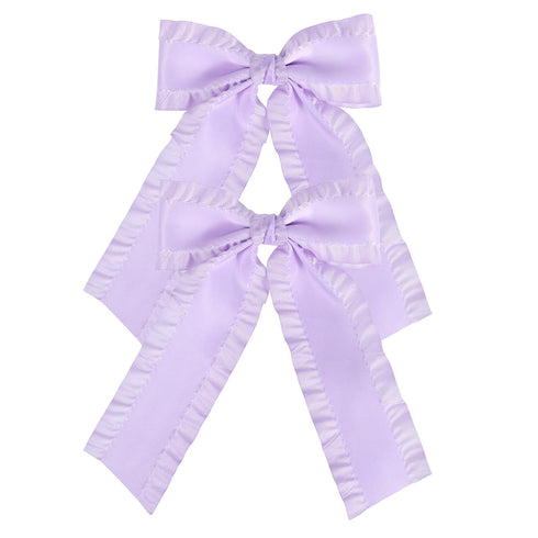 Light Purple Silky Satin Ruffle Ribbon Hair Bow Clips for Girls, Cute Handmade Ponytail Holder Accessories