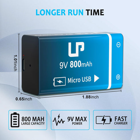LP 9V Rechargeable Battery Pack, 2-Pack 800mAh Li-ion USB Battery with Micro USB Charging Port for Alarms, Toys,