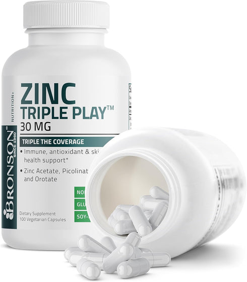 Bronson Zinc Triple Play 30 mg Immune Support Supplement with Zinc Acetate, Picolinate & Orotate - 100 Vegetarian