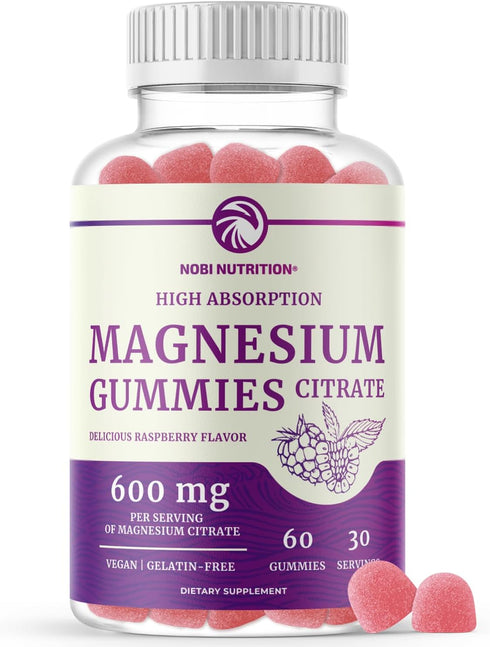 Magnesium Citrate Gummies, 600mg High Absorption for Calm, Relaxation & Digestion, Vegan, Raspberry Flavor, 60 Count