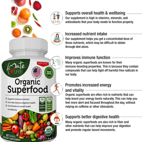 Organic Superfood Greens Fruits and Veggies Complex - Dietary Supplement with 14 Greens & 14 Fruits & Vegetables,