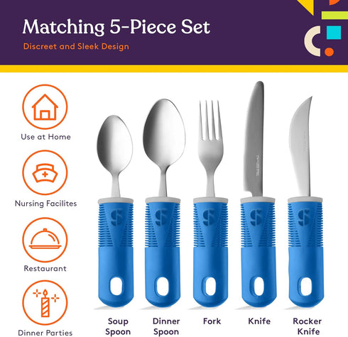 Special Supplies Adaptive Utensils 5-Piece Kitchen Set, Non-Slip Handles for Hand Tremors, Arthritis, Stainless Steel