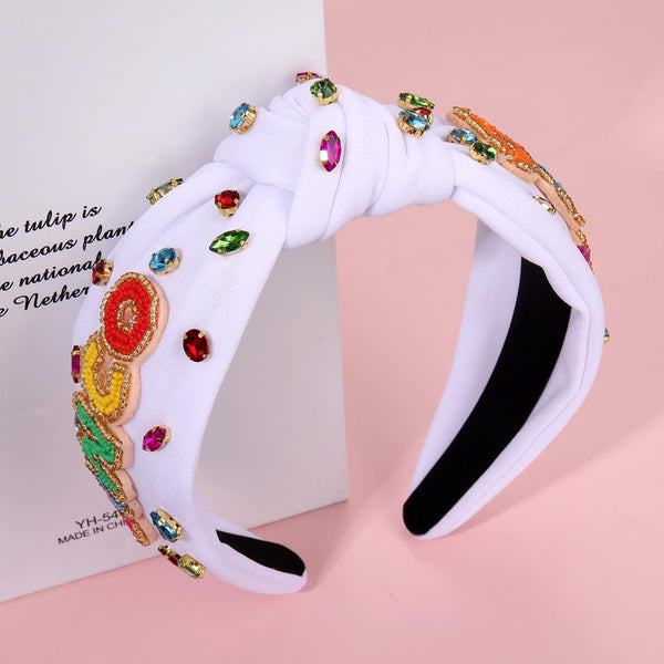 Mexican Headband for Women - Cinco De Mayo Beaded Fiesta Knotted Headband with Rhinestone Crystal Embellishments