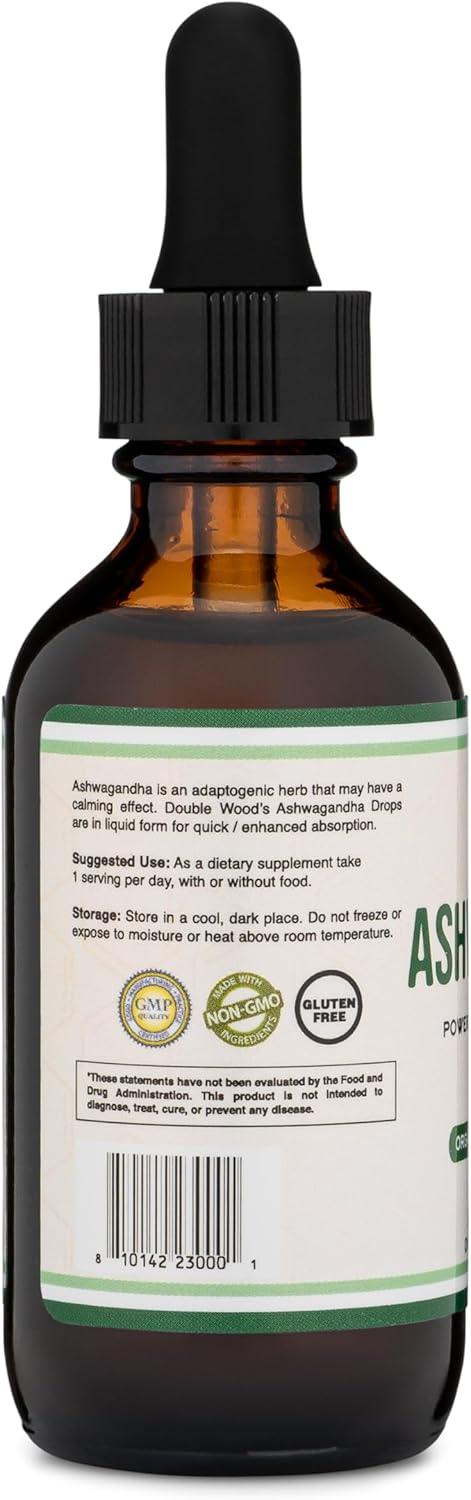 Double Wood Ashwagandha Organic Drops for Stress Relief (1,200mg, 60 Servings) - Adrenal Support, Cortisol Manager
