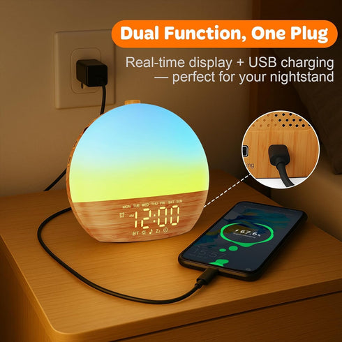 Thybro 30 Sunrise Alarm Clock with Sound Machine - Wake Up Light, Wood Grain, Bluetooth, Dual Digital Alarm Clocks