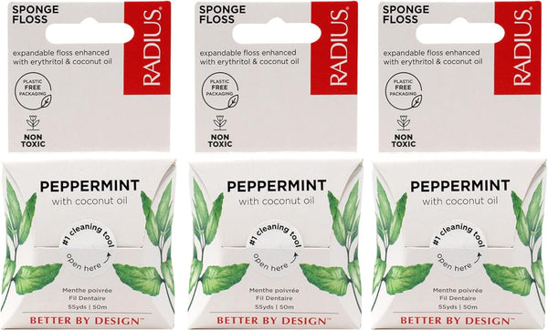 RADIUS Peppermint Dental Floss, 55 Yards Vegan Non-Toxic Oral Care, Total Tooth & Gum Protection, Pack of 3