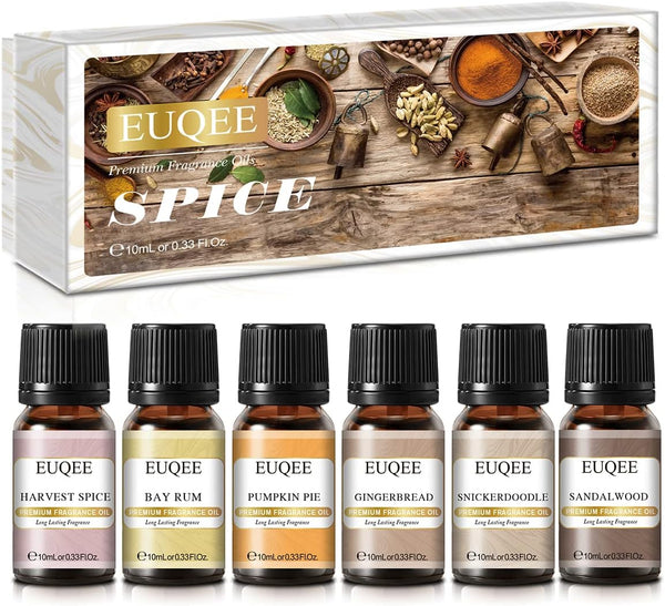 EUQEE 6pcs Premium Fragrance Oils Spice Gift Set - Sandalwood, Harvest Spice, Gingerbread, Pumpkin Pie, 10 ML