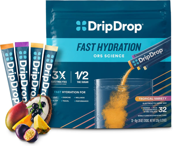 DripDrop Hydration - Tropical Variety Pack, Electrolyte Drink Mix Single Serve Packets, Non-GMO, Gluten Free, Vegan, 32