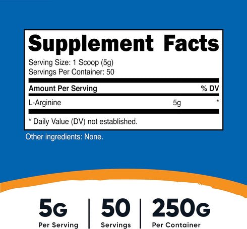 Nutricost L-Arginine (250 Grams) - Pure L-Arginine Powder, 5000mg Per Serving; 50 Servings