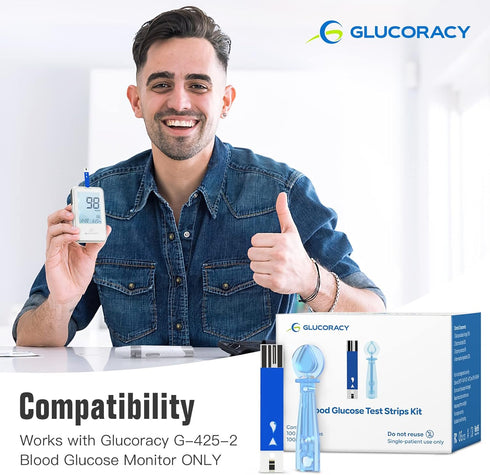 G-425-2 Blood Glucose Test Strips, 100 Counts Test Strips for Diabetes + 100 Counts Blood Lancets, Only for Glucoracy G-425-2 Meter Kit