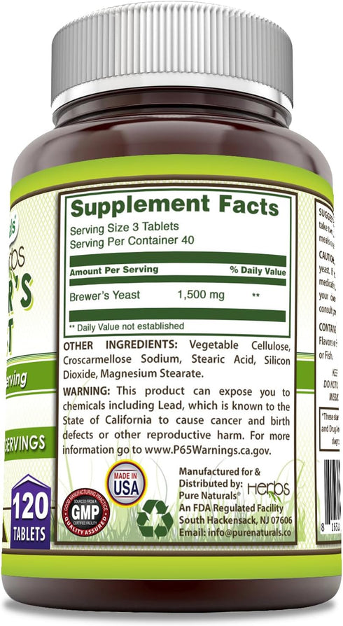 Pure Naturals Brewer's Yeast Supplement | 1500 Mg Per Serving | 120 Tablets, Non-GMO, Gluten-Free, Made in USA